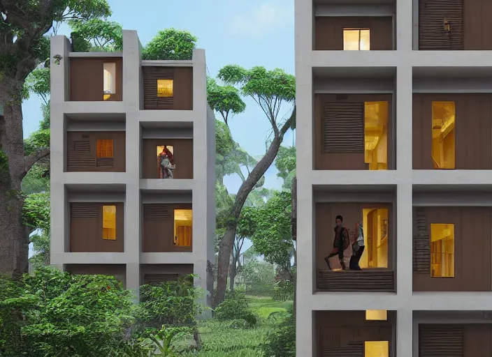 Image similar to low - cost housing designed by architect b v doshi, contemporary indian architecture style ; realistic, detailed, cel shaded, in the style of makoto shinkai and greg rutkowski and james gurney