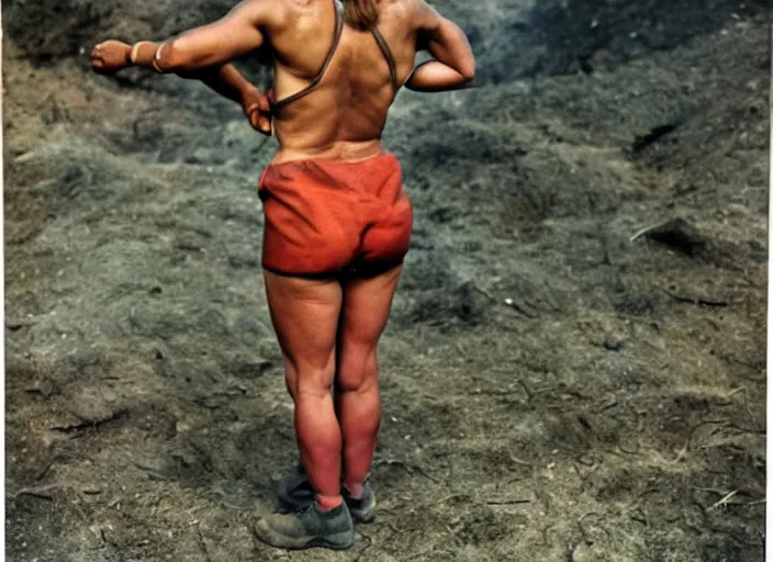 Prompt: 90's professional color photograph, A Muscular miner woman, view from behind.