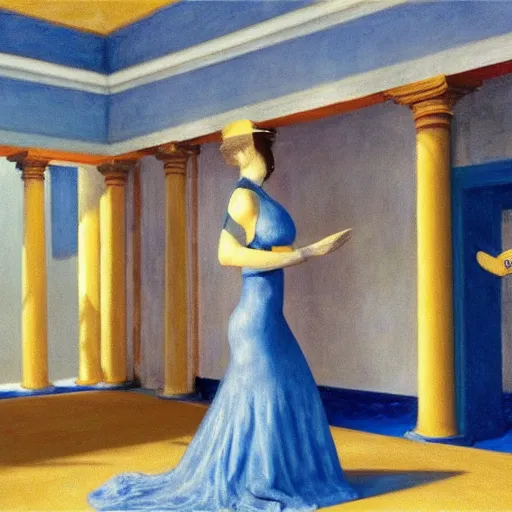 Image similar to procession of women in a blue and gold haunted liminal abandoned temple, film still by edward hopper, by gottfried helnwein, by klimt, art noveau, highly detailed, strong lights, liminal, eerie, bright pastel colors,