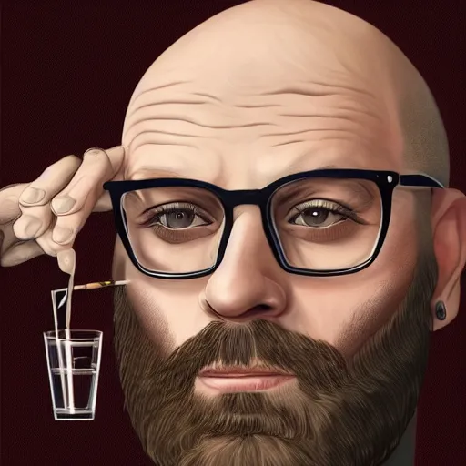 Prompt: portrait of a young, bald, bearded and tattooed man, wearing glasses, drinking a glass of whiskey, digital painting, highly detailed, hd, 4k, trending on artstation