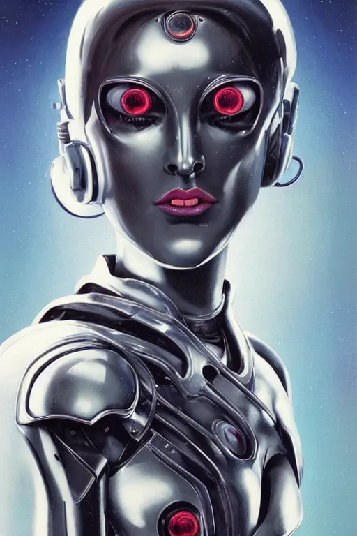 Image similar to retro-futuristic portrait of a beautiful female android in old scratchy chrome armour, wired head, blind eyes, white liquid dripping on it, ornate background, rim light, ornate pattern, glowing eyes, evil expression, high details, intricate details, renaissance painting by vincent di fate, artgerm julie bell beeple, 80s, Smooth gradients, High contrast, depth of field, very coherent symmetrical artwork