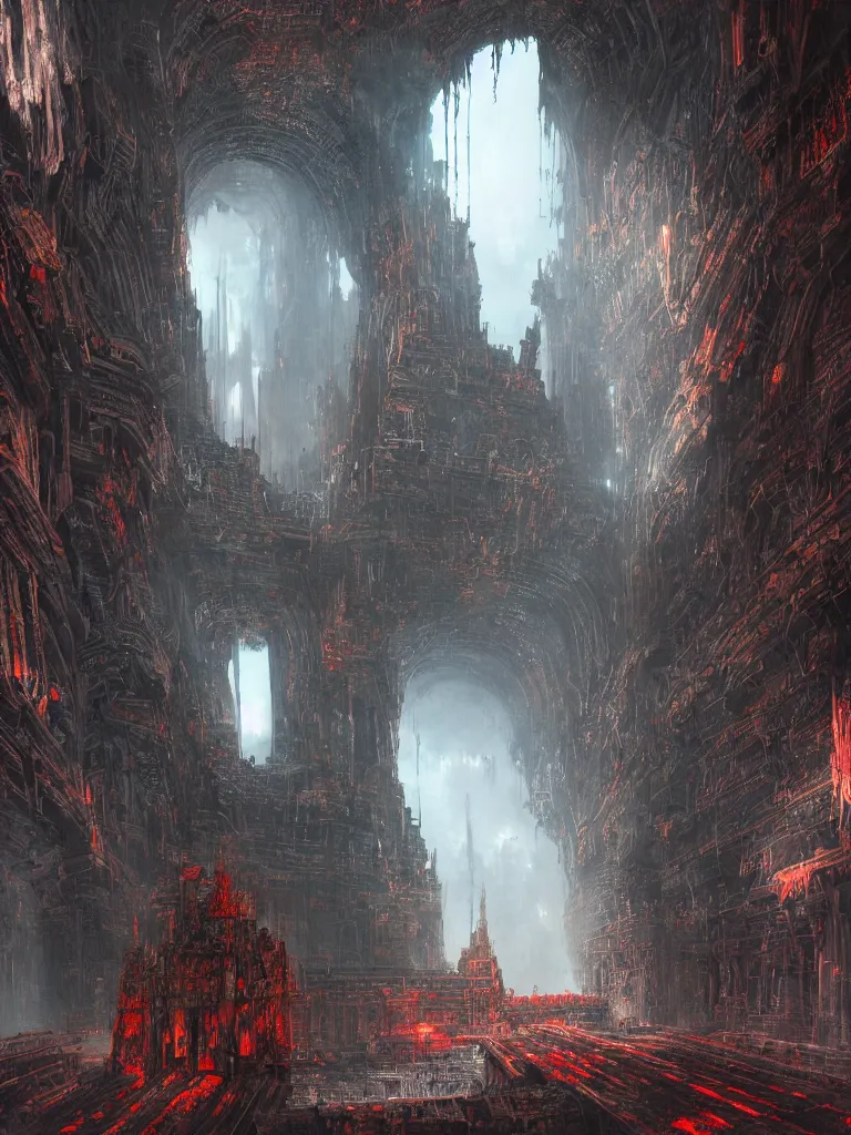 Image similar to inside vast echoing cathedral, interior, gigantic ancient aztec gateway in towering black temple stone wall stretching upwards, futuristic hovering obelisks with red glowing patches, scifi, science fiction spacecraft, tiny tribal people, ruins, vines, jagged blocks of stone, john berkey, james gurney, pengzhen zhang, daniel dociu, vladimir motsar