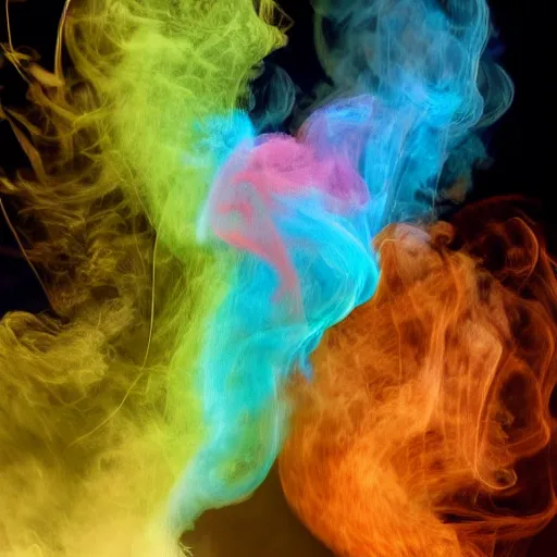 Image similar to multi color smoke with the small ( outstretched ribbed wings and head of a fairytale dragon ), billowy, 8 k, 4 k