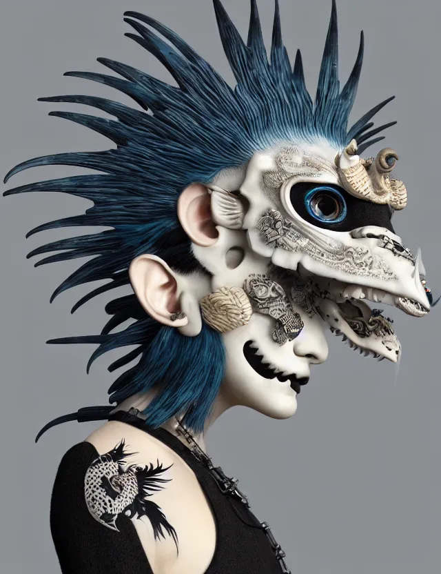 Image similar to 3 d goddess close - up profile simple portrait punk with mohawk with goat skull. beautiful intricately detailed japanese crow kitsune mask and clasical japanese kimono. betta fish, jellyfish phoenix, bio luminescent, plasma, ice, water, wind, creature, artwork by tooth wu and wlop and beeple and greg rutkowski