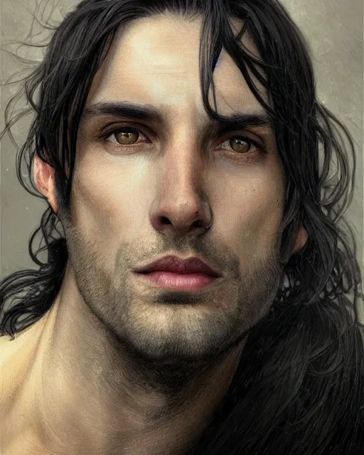 Image similar to portrait of tall, 3 3 - year - old handsome man with long dirty black hair, and ice grey eyes, wearing black clothes, no beard, hyper realistic face, beautiful eyes, close up, fantasy art, in the style of greg rutkowski, intricate, alphonse mucha, hyper detailed, smooth