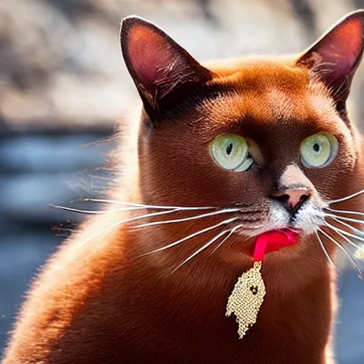 Image similar to a burmese cat with ginger fur, with a red bandanna around its neck and lots of mediterranean jewellery