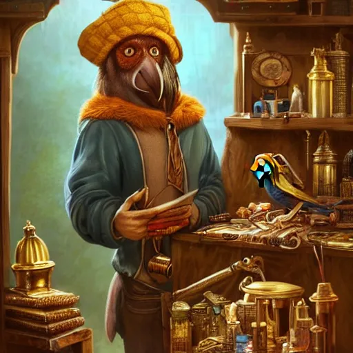 Image similar to A Anthropomorphized friendly parrot trader in his shop, selling his wares, portrait, items, gold, carpet, window, sly expression, cunning expression, presenting wares, holding a gold bag, D&D, fantasy, cinematic lighting, highly detailed, digital painting, artstation, concept art, smooth, sharp focus, illustration, warm light, cozy warm tint, magic the gathering artwork, volumetric lighting, 8k, art by Akihiko Yoshida, Greg Rutkowski