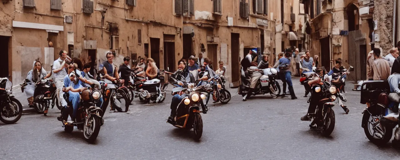 Prompt: a group of people on the streets of rome riding in a motorcycle made of spaghetti, canon 5 0 mm, cinematic lighting, photography, retro, film, kodachrome