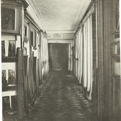 Image similar to an early daguerrotype photograph of the backrooms from the 19th century