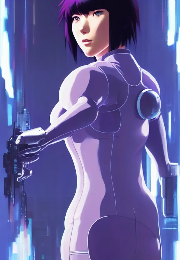 Image similar to a fullbody portrait of motoko kusanagi ghost in the shell, finely detailed features : : gits sac twenty forty five netflix : : by ilya kuvshinov, rossdraws, artgerm, sola digital arts, production ig, volumetric lighting, anti aliasing, raytracing : :