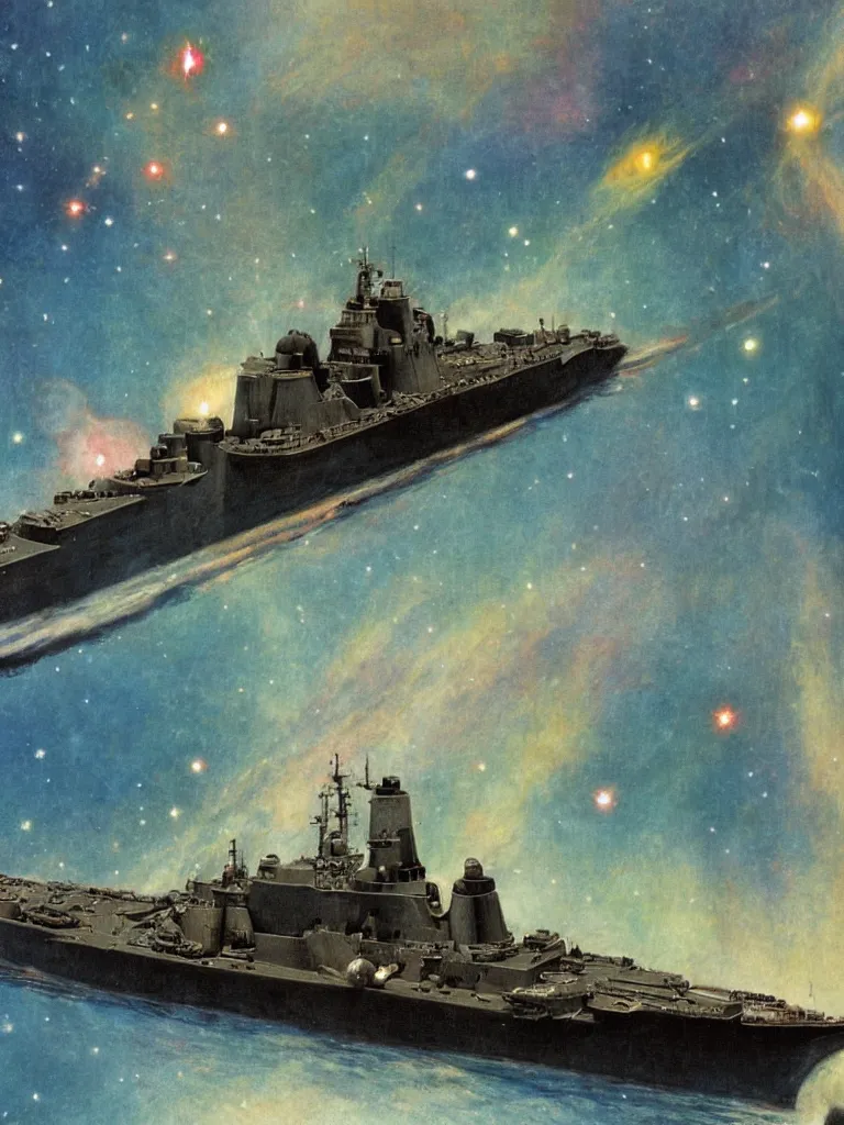 Image similar to single World War II battleship going to lightspeed in a nebula, by Mucha, trending on ArtStation