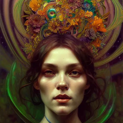 Prompt: An extremely psychedelic portrait, surreal, LSD, face, detailed, intricate, elegant, lithe, highly detailed, digital painting, artstation, concept art, smooth, sharp focus, illustration, art by Krenz Cushart and Artem Demura and alphonse mucha