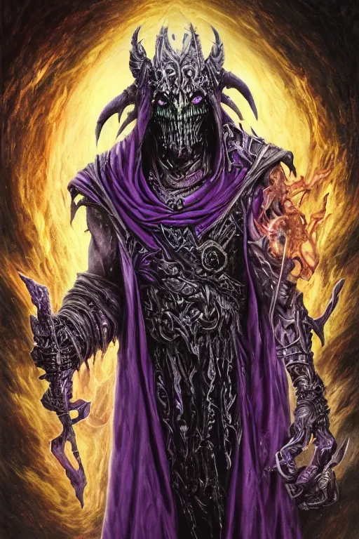 Image similar to portrait of hulking herculean ainz ooal gown undead lich, from overlord, warlock purple robes, magical electricity, upper body, fantasy, intricate, elegant, highly detailed, digital painting, artstation, concept art, sharp focus, illustration, art by luis royo, wayne barlowe, kirsi salonen, asya yoranova and alan lee