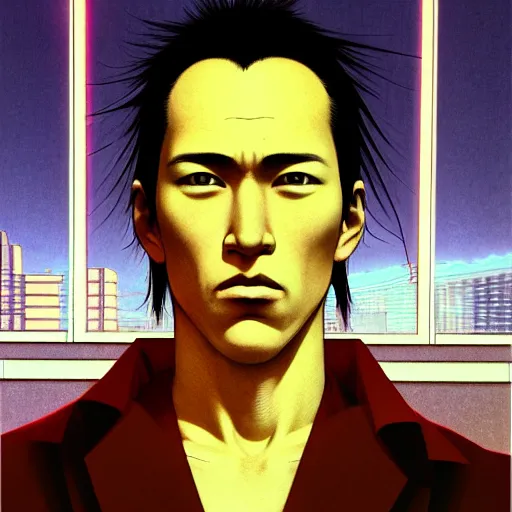 Image similar to a portrait of a cyberpunk man staring at the camera with dramatic lighting, by kawase hasui, moebius, edward hopper, colorful flat surreal design, matte painting, hd, 8 k, trending on artstation