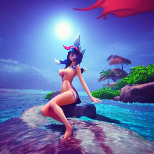 Prompt: beautiful render pool party ahri catching the sun in hawaiian beach, ocean on the horizon, pretty face, coherent, 3d render, unreal engine 5, 4k, very detailed, volumetric lighting, instagram