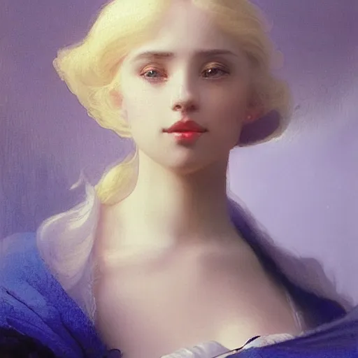 Image similar to young woman's face, her hair is white and she wears a cobalt blue duchesse satin cloak, by ivan aivazovsky and syd mead and moebius and roger dean and aelbert cuyp and willem claesz and pieter claesz and paul delaroche and alma tadema, hyperrealistic, volumetric light, octane