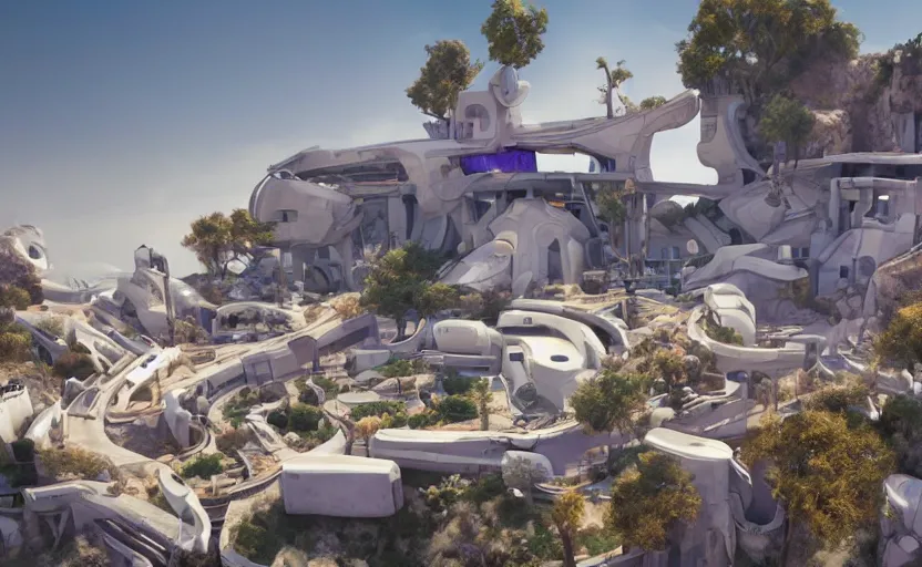 Prompt: futuristic robotic village with technology, white, purple roofs, ancient greek style, sci-fi, beams, tubes, pipes, built on a steep hill, on top of the hill is a futuristic greek temple, pillars, cyberpunk, cgi, in the style of Pixar, hyper realistic, Unreal Engine 5, octane render, trending on art station