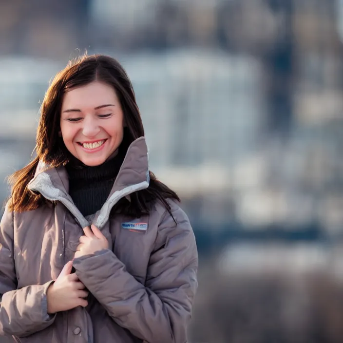 Prompt: a beautiful girl from minnesota, brunette, joyfully smiling at the camera with her eyes closed. thinner face. wearing university of minneapolis coat. perfect nose, morning hour, plane light, portrait, minneapolis as background.