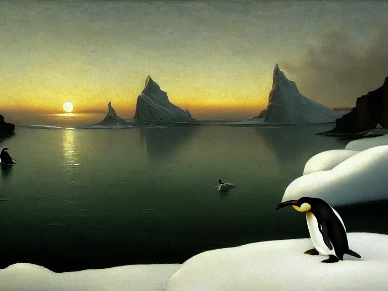 Image similar to an oil painting of a penguin playing in pure white snow on an iceberg in a serene ocean at dusk. aurora. by tuomas korpi moebius and carl spitzweg. baroque elements. intricate artwork by caravaggio. oil painting. oil on canvas. award winning. dramatic. trending on artstation. 8 k