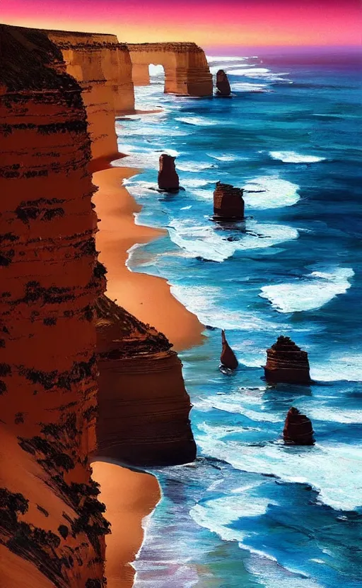 Prompt: a beautiful artwork illustration, twelve apostles Australia, high contrast, high contrast, high contrast, vibrant colors, vivid colors, high saturation, by Greg Rutkowski and Jesper Ejsing and Raymond Swanland, featured on artstation, wide angle, vertical orientation