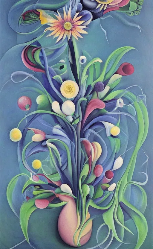 Prompt: a biomorphic painting of a vase with flowers in it, a surrealist painting by Bridget Bate Tichenor, by Georgia O'Keeffe, by Amanda Sage, featured on deviantart, metaphysical painting, oil on canvas, acrylic art, airbrush art