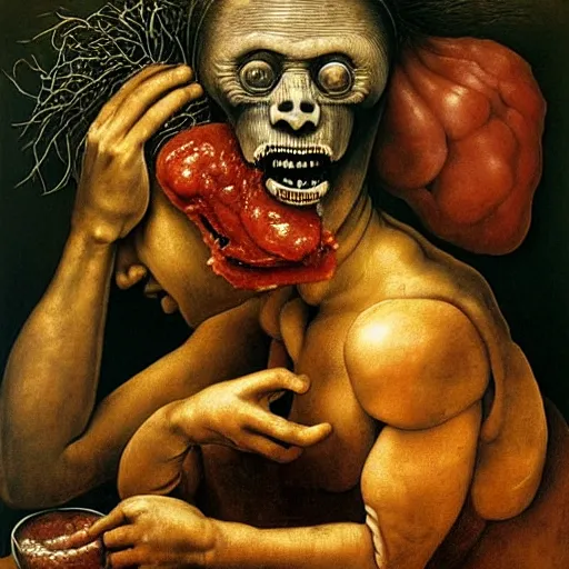 Image similar to a boy like eraserhead and elephant man sitting in a tub full of tomato sauce, looking straight into camera, screaming in pain, by giuseppe arcimboldo and ambrosius benson, renaissance, fruit, intricate and intense oil paint, a touch of beksinski and hr giger, realistic