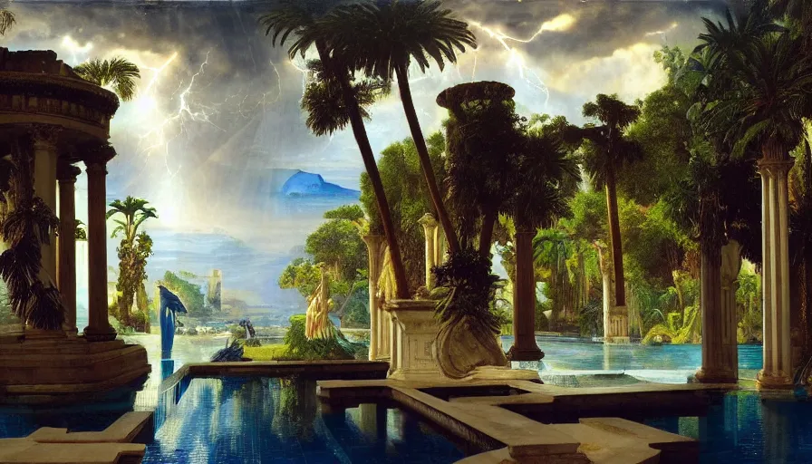 Image similar to From Inside the giant Palace, mediterranean balustrade and columns, refracted line and sparkles, thunderstorm, greek pool, beach and Tropical vegetation on the background major arcana sky and occult symbols, by paul delaroche, hyperrealistic 4k uhd, award-winning, very detailed paradise