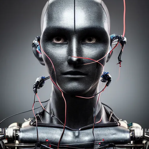 Prompt: An humanoid with an open head that has wires protruding from it that connect to a computer, cyberpunk, EOS-1D, f/1.4, ISO 200, 1/160s, 8K, RAW, unedited, symmetrical balance, in-frame