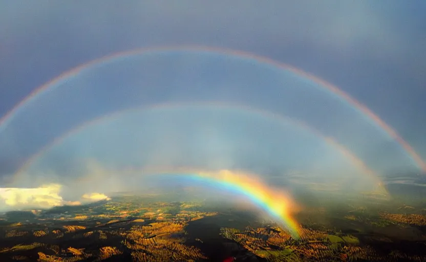 Image similar to hot air balloon flying through a double rainbow, illustration by dr seuss, oh the places you'll go