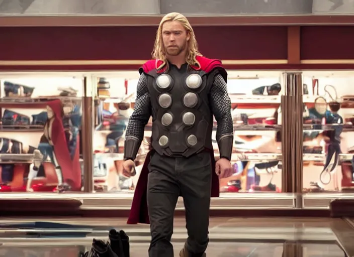 Image similar to film still of Thor working at the shoe counter in a bowling alley in the new Avengers movie, 4k