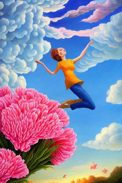 Image similar to closeup, giant carnation flower head, woman flying, surreal, clouds in sky, impressionist painting, digital painting, artstation, rob gonsalves