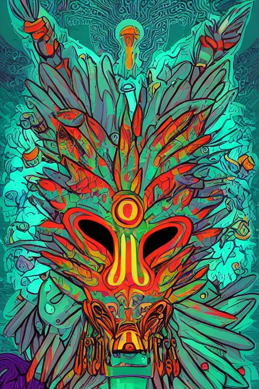 Image similar to animal mask totem roots flower tribal feather gemstone plant wood rock shaman vodoo video game vector cutout illustration vivid multicolor borderlands comics by josan gonzales and dan mumford radiating a glowing aura