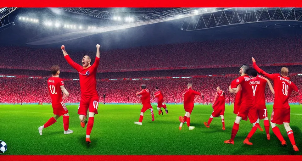 Image similar to soccer goal moments, players, people, football club spartak moscow wins the 2 0 2 4, champions league, final at wembley stadium, soviet realism style, 8 k