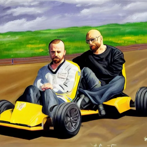 Prompt: oil painting of Walter White and Jesse Pinkman go-karting