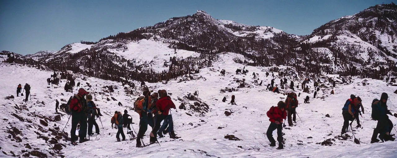 Image similar to people hiking over a hill made up of spaghetti on top of a frozen mountain, canon 5 0 mm, cinematic lighting, photography, retro, film, kodachrome