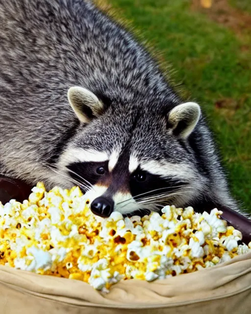 Prompt: an obese raccoon lays on it's back while watching tv from a green leather recliner, the raccoon is lazily eating from a pile of popcorn on it's belly