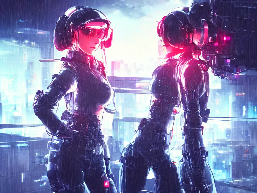 Prompt: portrait key anime visual futuristic female cyber airforce pilot, on cyberpunk neon light tokyo rainy rooftop, ssci - fi and fantasy, intricate and very beautiful, human structure, concept art, sharp focus, anime drawing by huaixuan xiang, frostine engine