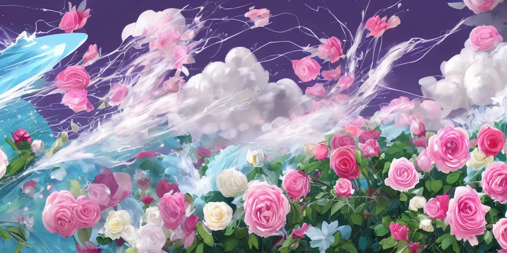 Image similar to background art of magic invisible blade slicing through a bouquet of white and pink roses, flowers exploding and spraying and splattering, big puffy clouds, exploding roses, large rose petals, lotus petals, large polygonal background elements, large polygons, studio ghibli anime, radiant lighting, artgerm, manga, trending on artstation, art nouveau, mature colors