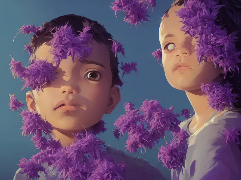 Image similar to kid with symmetrical beauty face, purple flowers of marijuana hemp cannabis, behance hd, by jesper ejsing, by rhads, makoto shinkai, lois van baarle, ilya kuvshinov, rossdraws global illumination, golden ratio