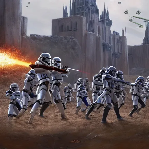 Image similar to Star Wars Prequels Clones storming a castle, hyper detailed, realism, award-winning, 4k