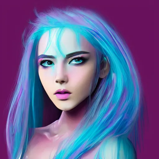 Image similar to a girl with blue hair, pink gradient background, trending on artstation