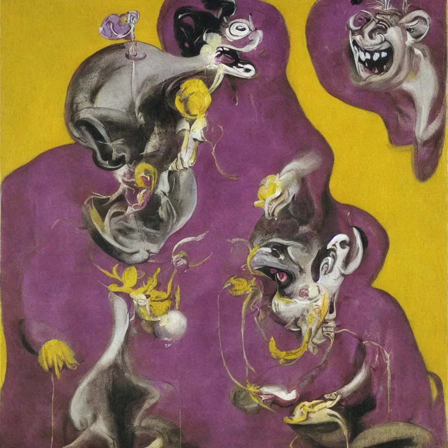 Prompt: painting by francis bacon, highly detailed, purple ancient deity, yellow rat pig, holding a red orchid, laughing, sitting in a brightly lit pink room