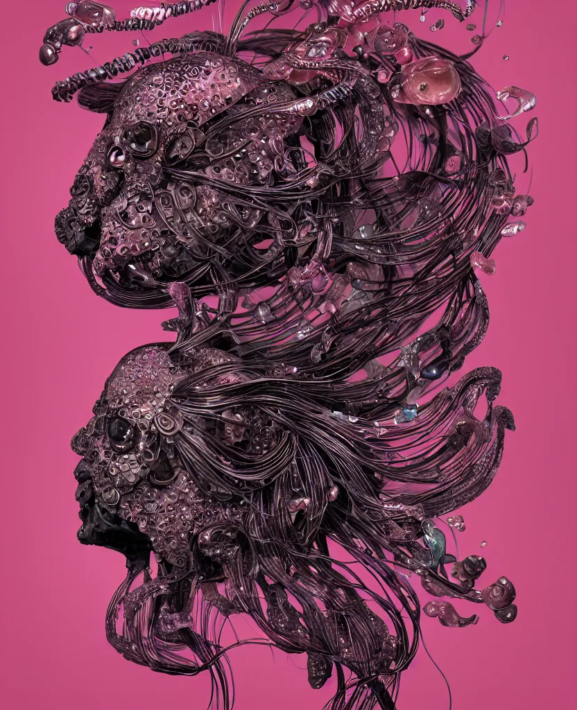 Image similar to fully black background. background hex 000000. goddess princess face close-up portrait ram skull. japanese coloured paper bas relief paper sculpture. jellyfish phoenix head, nautilus, orchid, skull, betta fish, bioluminiscent creatures, intricate artwork by Tooth Wu and wlop and beeple. octane render, trending on artstation, greg rutkowski very coherent symmetrical artwork. cinematic, hyper realism, high detail, octane render, 8k