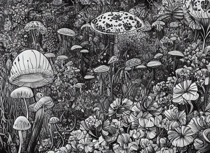 Prompt: a painting of toxic mushroom surrounded by a lot of beautiful flowers and exotic plants, a detailed painting by naranbaatar ganbold and james jean, behance contest winner, space art, ultrafine detailed painting, biomorphic, black and white, line art, top view