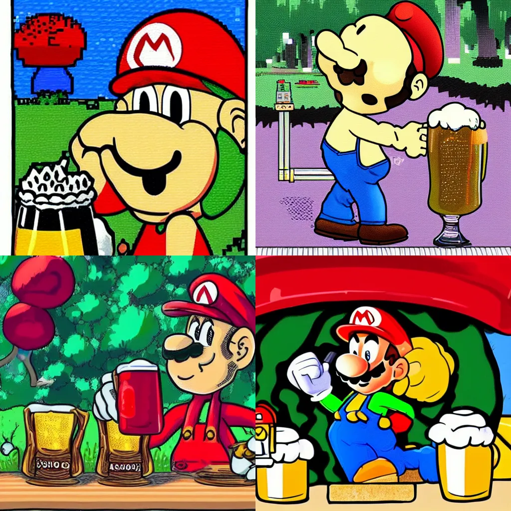 Prompt: beer, drunk smiley mario drinks beer in forest with mushrooms and big fly agaric, 8 bit, cartoon