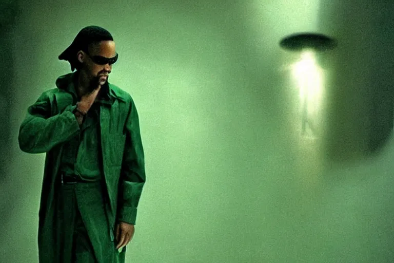 Image similar to will smith as a character from the matrix, cinematic, movie still, dramatic lighting, matrix code,!! by bill henson!!, green color theme