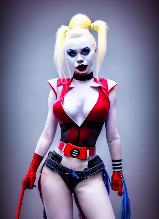 Prompt: photo of kerli koiv as harley quinn in the style of stefan kostic, realistic, half body shot, sharp focus, 8 k high definition, insanely detailed, intricate, elegant, art by stanley lau and artgerm, foggy backgeound