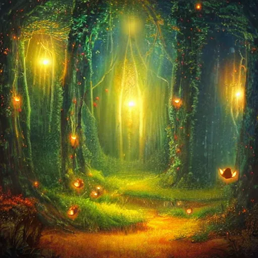 Prompt: an enchanted forest full of fireflies, night, warm light, fantasy art