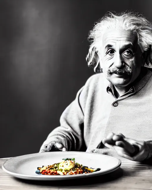 Prompt: a portrait of albert einstein sitting at the dining table with a plate containing namkeen in front of him, highly detailed, trending on artstation, bokeh, 9 0 mm, f / 1. 4