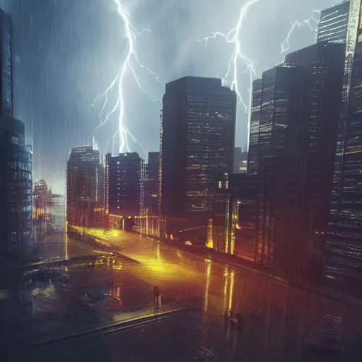 Image similar to cityscape during a lightning storm, futuristic, 8k, ray tracing, volumetric lighting, james verbicky, professional, concept art, artstation hd, trending on social media,